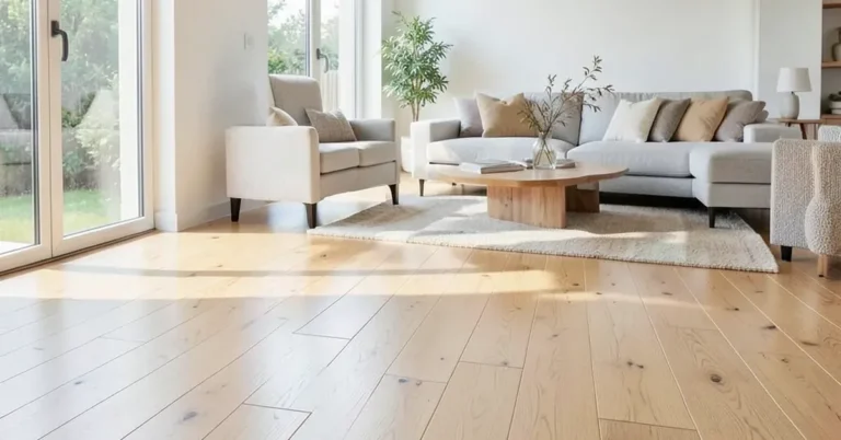 finished plywood plank floor with visible seams in a bright living room
