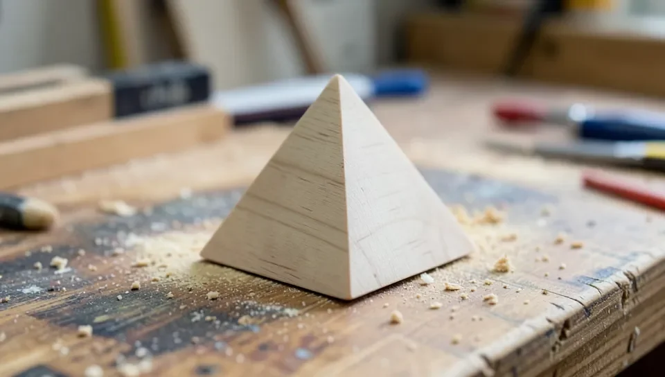 A finished wooden pyramid with smooth angled faces