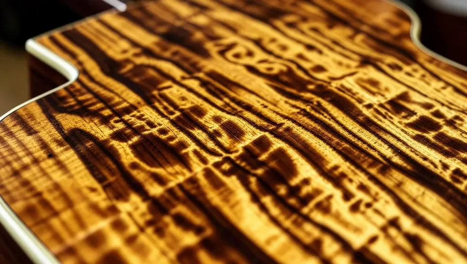 Flamed mahogany wood grain figure on a guitar top