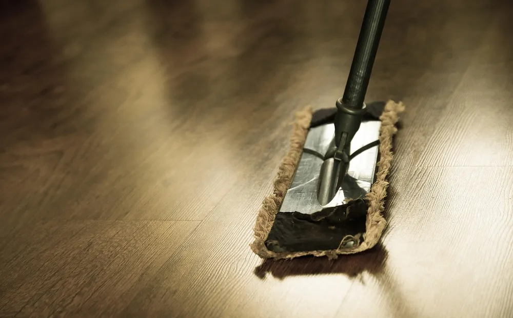 Close-up of a flat mop head on a hardwood floor Close-up of a flat mop head on a hardwood floor