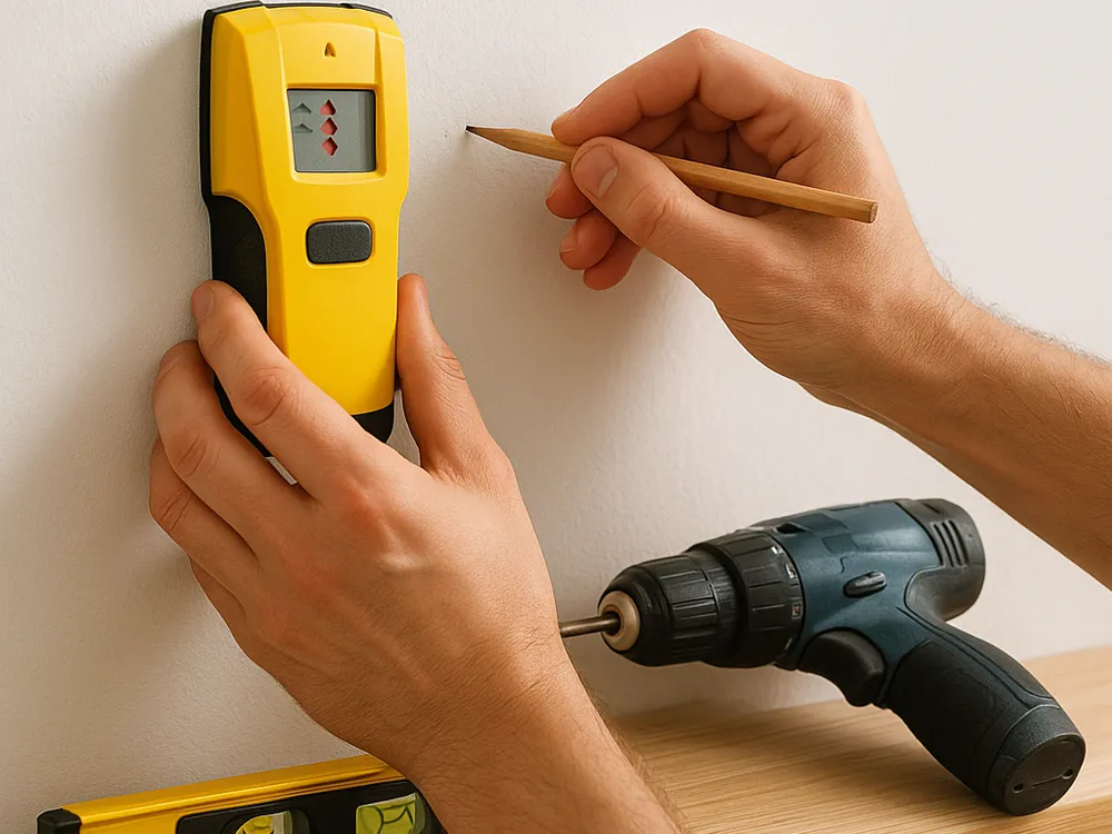 Using a stud finder and level to mark mounting points before installing a wood floating shelf Using a stud finder and level to mark mounting points before installing a wood floating shelf