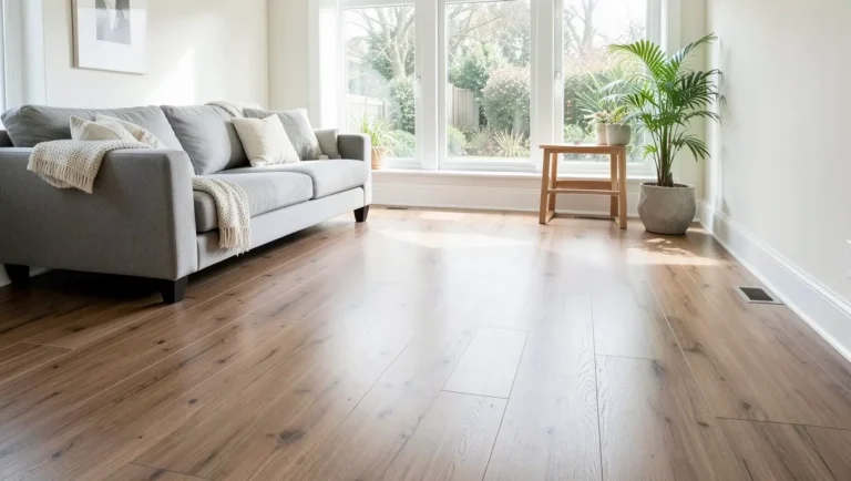 Newly installed wood-look vinyl plank flooring in a living room