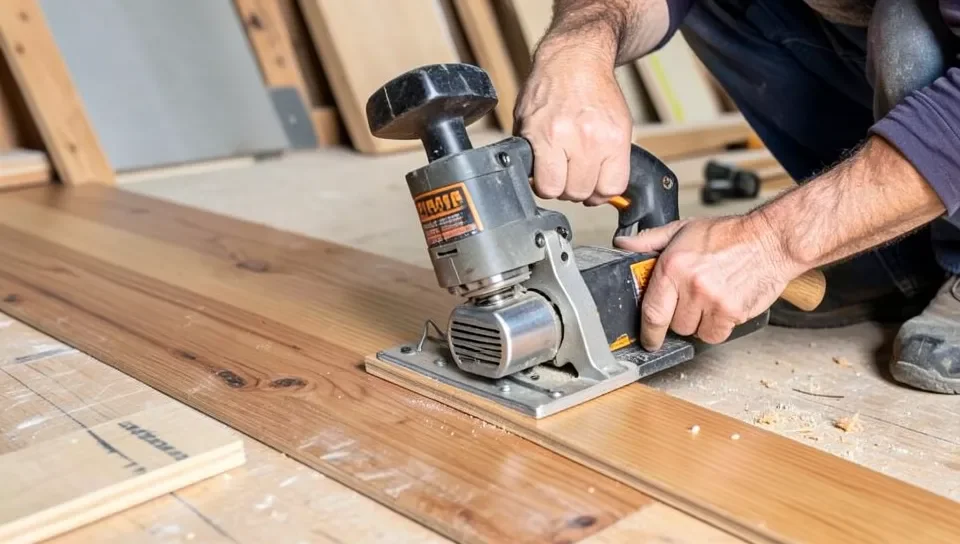 Flooring nailer being used to install hardwood flooring planks