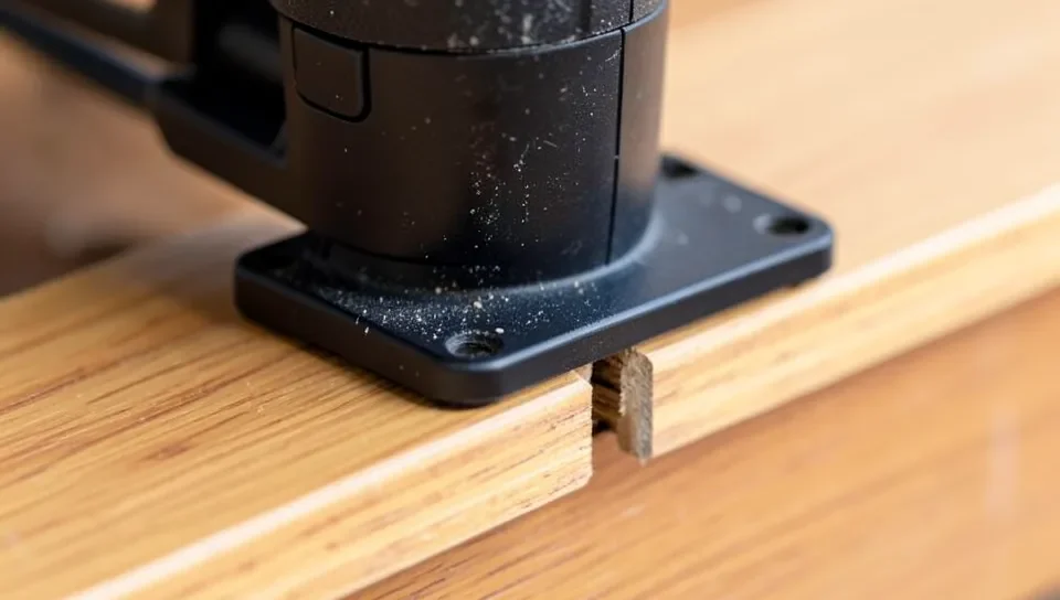 Flooring nailer positioned over the tongue of a hardwood plank