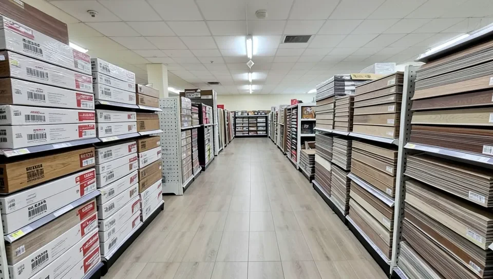 Home improvement store flooring aisle with plank flooring displays
