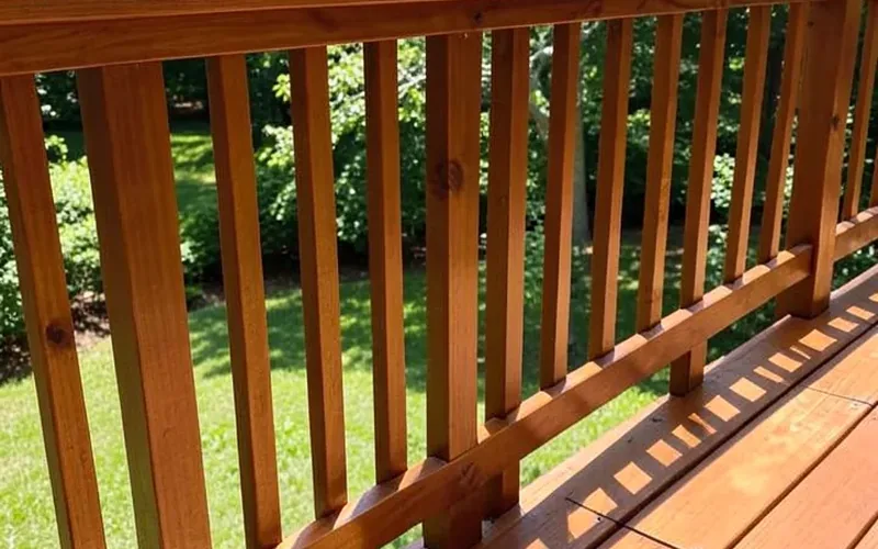 Freshly stained wood deck railing showing even rich brown color Freshly stained wood deck railing showing even rich brown color