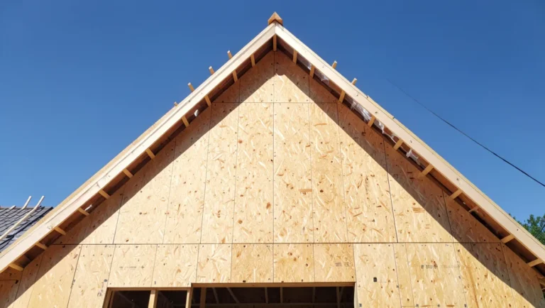 Gable end wall of a house under construction covered in plywood sheathing