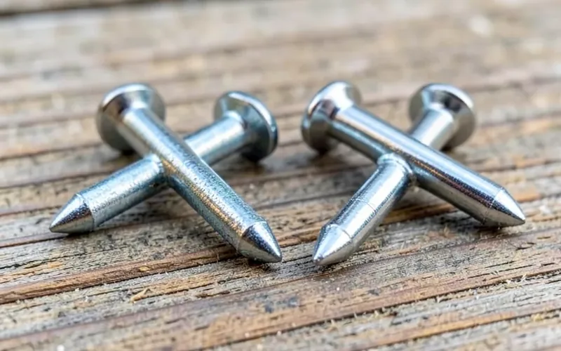 hot-dipped galvanized nails next to shiny stainless steel nails compared side by side hot-dipped galvanized nails next to shiny stainless steel nails compared side by side
