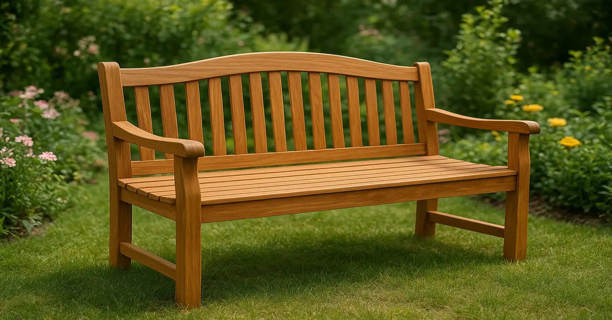 Teak garden bench in a backyard garden setting