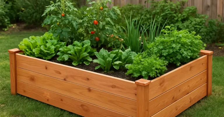 Cedar raised garden bed filled with vegetables and herbs