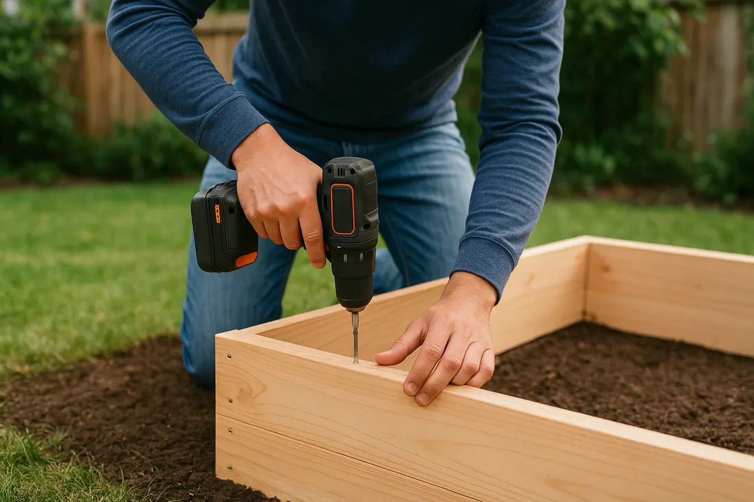 Assembling a wooden raised garden bed frame with a cordless drill