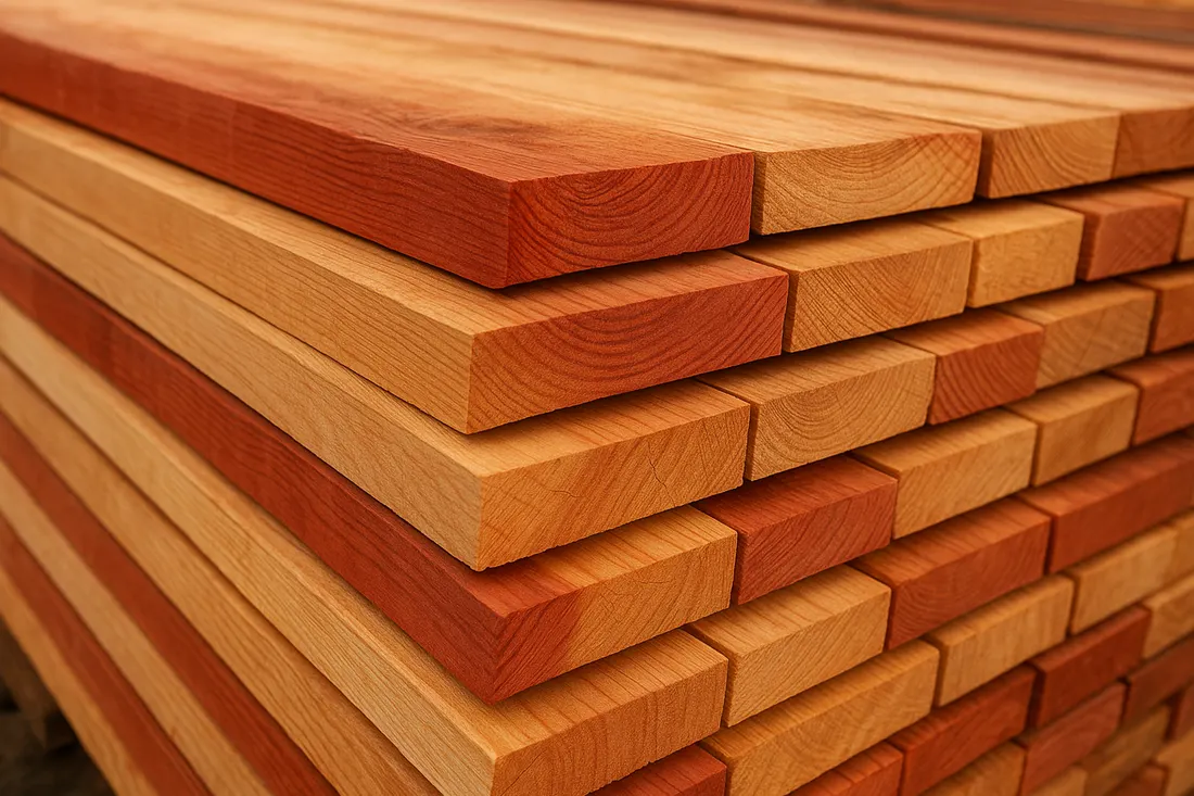 Stacked cedar and redwood boards showing natural wood grain