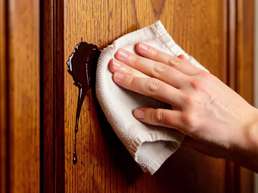 Hand wiping dark brown gel stain onto a wood cabinet door with a cloth