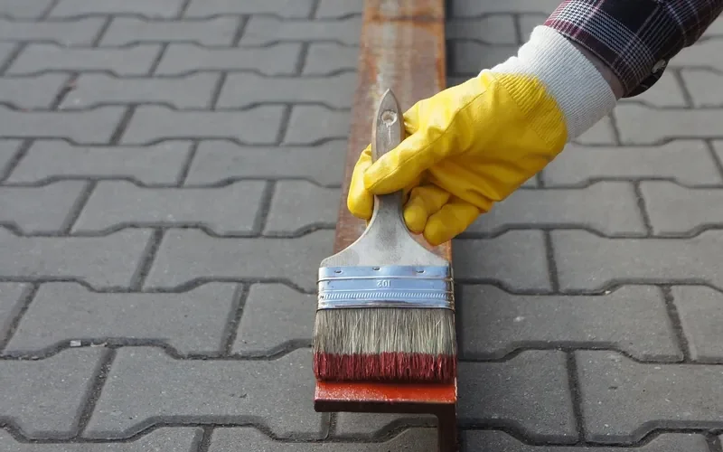 Gloved hand brushing a coating onto a board
