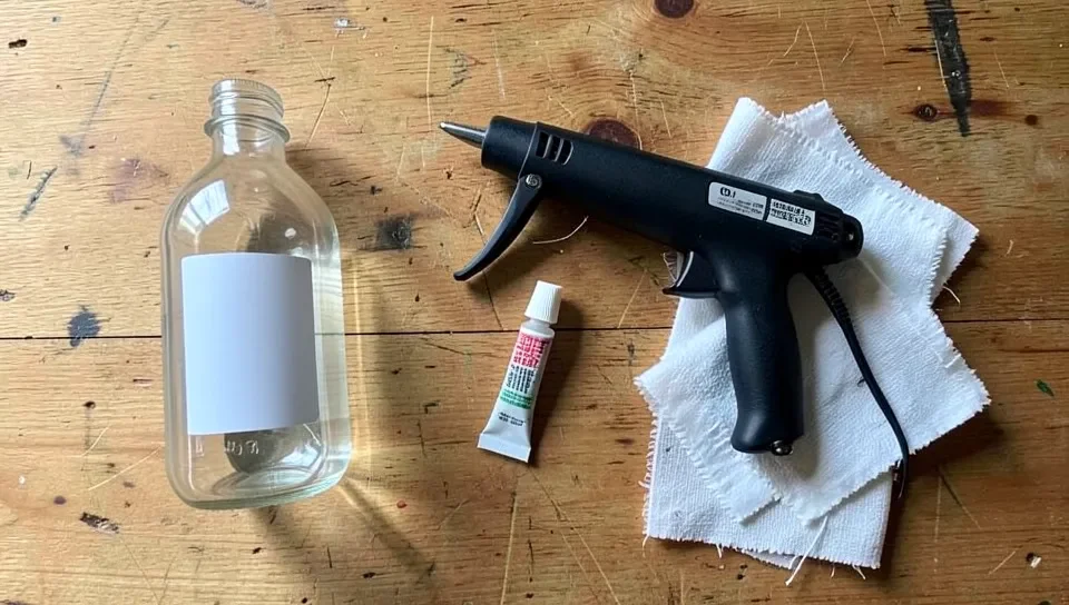 Glue removal supplies laid out on a wooden workbench including rubbing alcohol, a hot glue gun, and a putty scraper