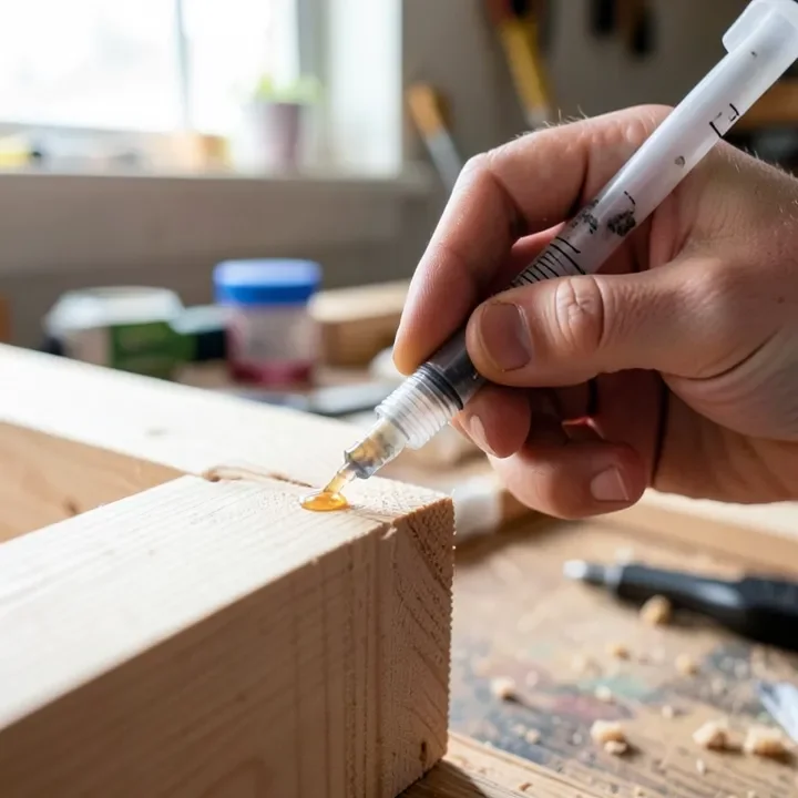 hand injecting wood glue with a syringe into a tight wood joint