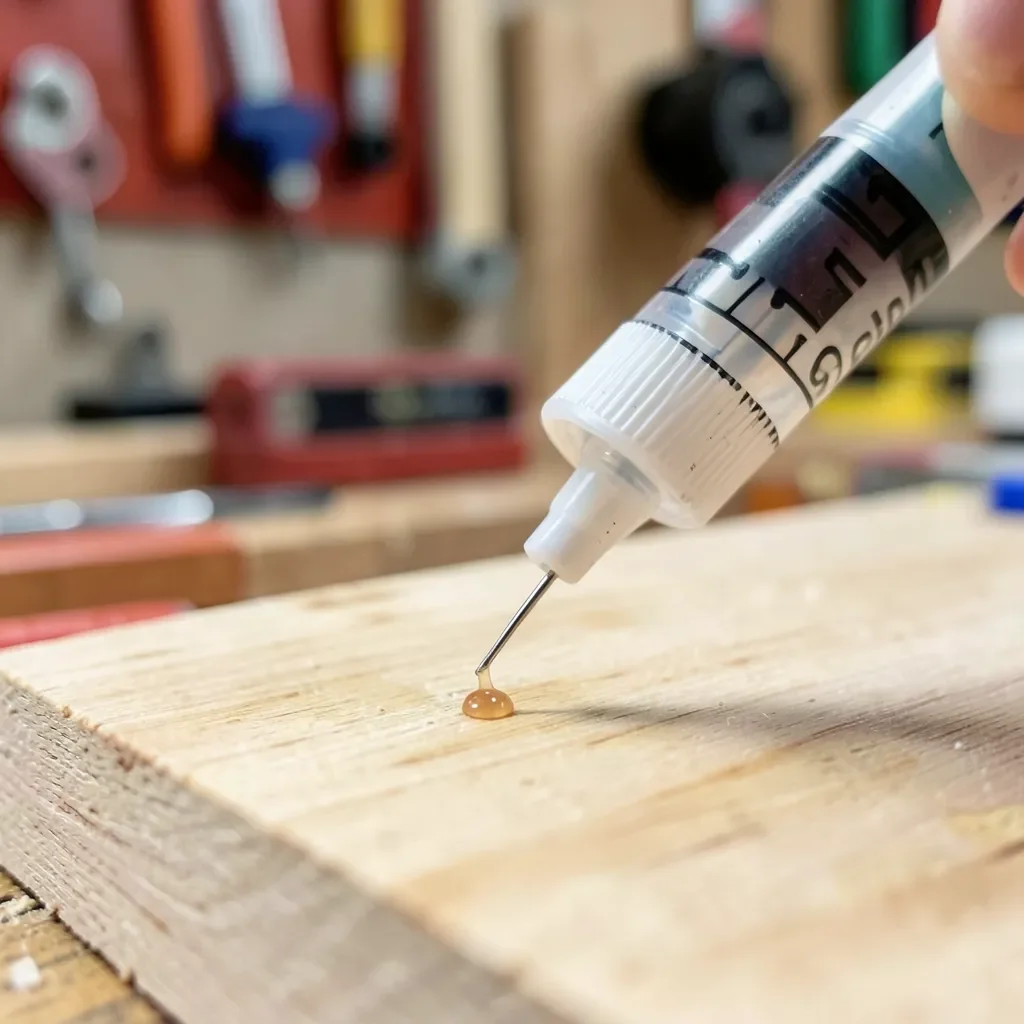 glue syringe with fine needle tip dispensing wood glue