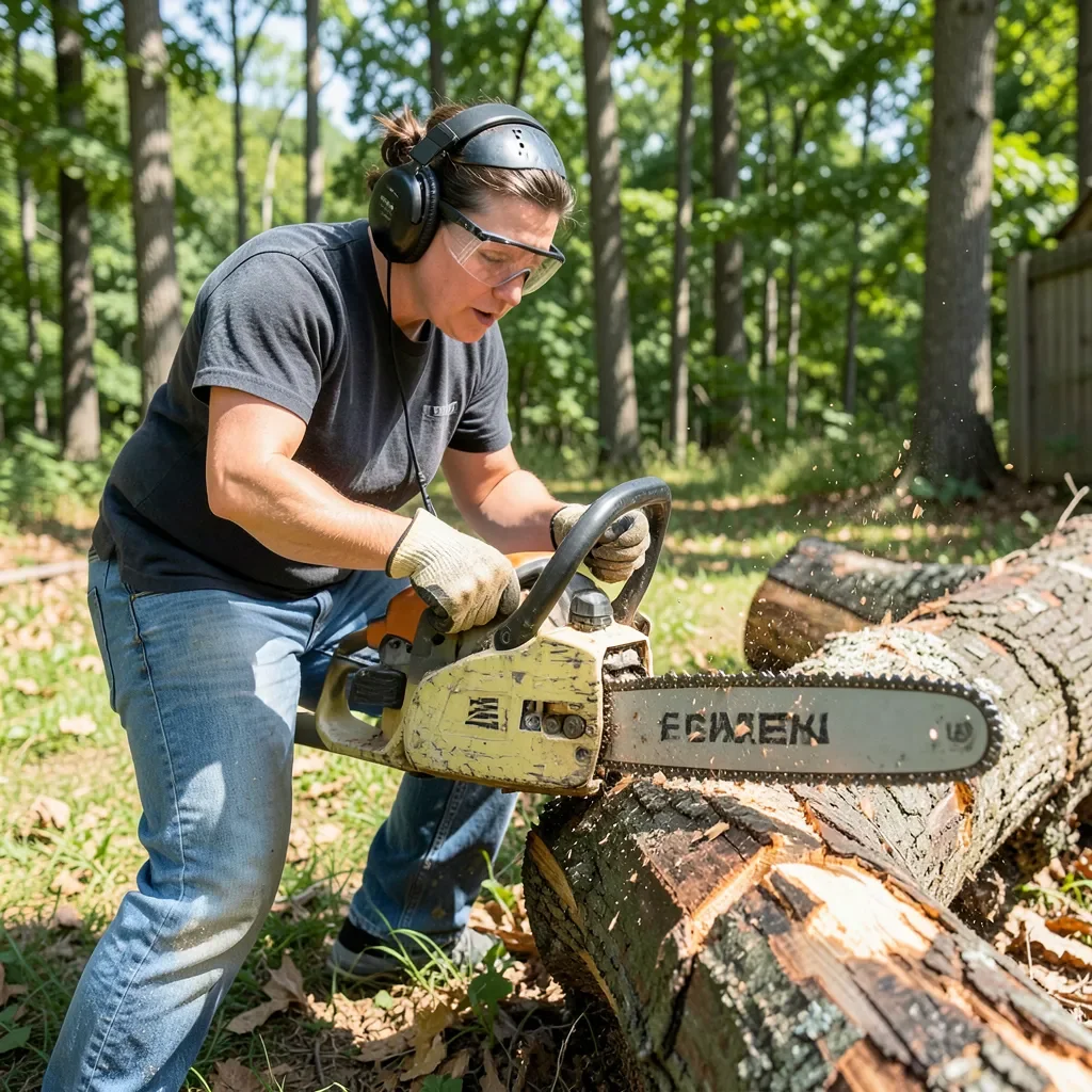 Person wearing safety gear cutting a fallen log with a chainsaw outdoors