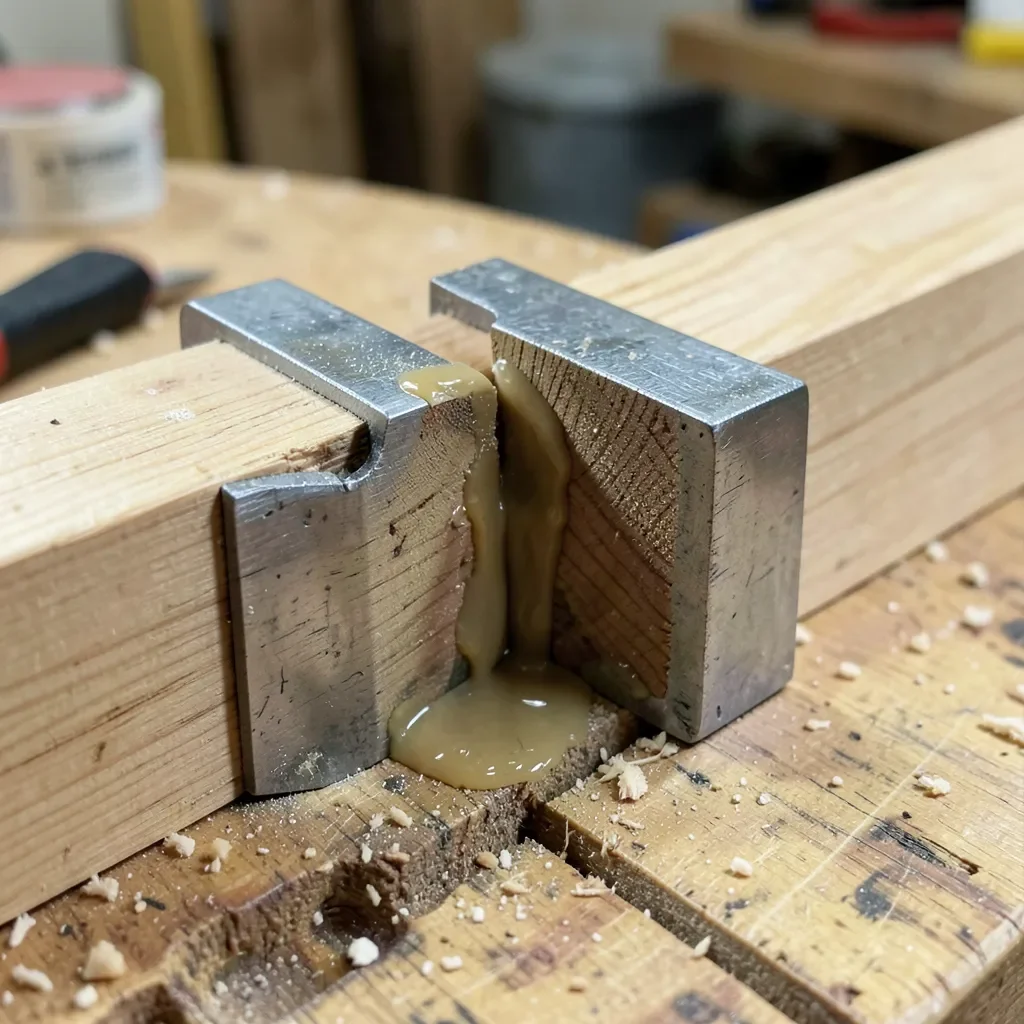 Two wood pieces clamped together with glue at the joint