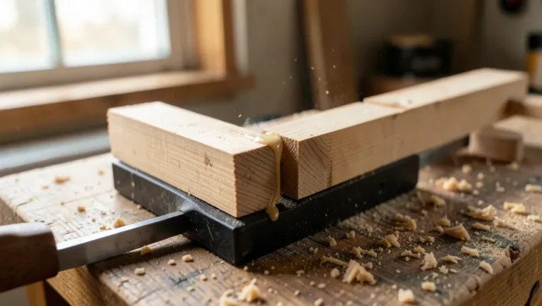 Bar clamp holding a glued wood joint with glue squeeze-out on a workshop bench