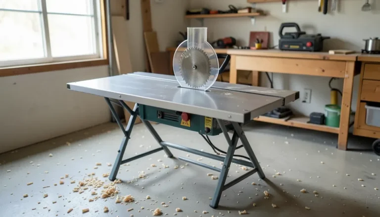 Portable benchtop table saw with folding legs set up in a home garage workshop