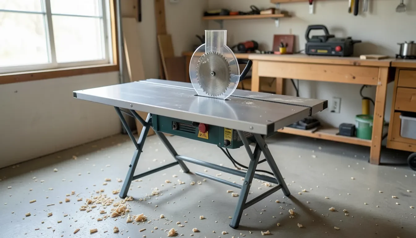 Portable benchtop table saw with folding legs set up in a home garage workshop