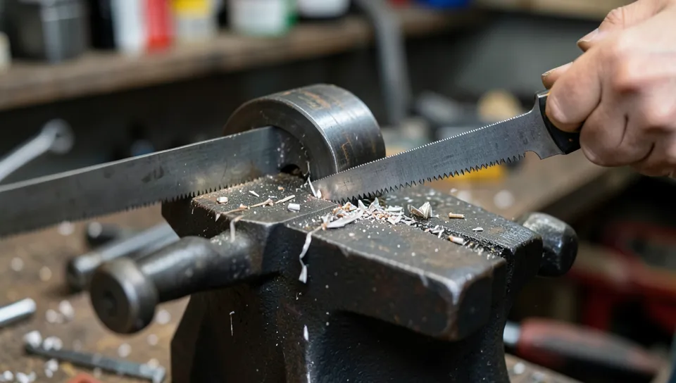 Hacksaw with fine teeth cutting through a metal pipe clamped in a vise