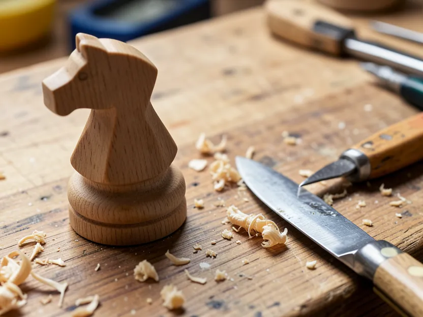 Hand-carved wooden chess knight piece beside a detail carving knife and small gouge