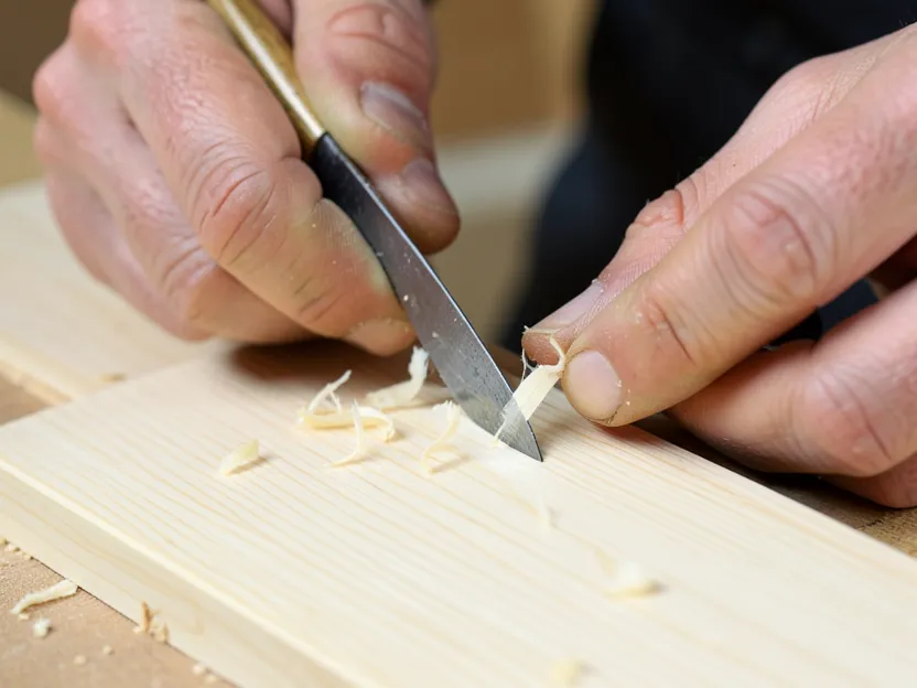 Close-up of hands whittling pale basswood, showing the fine even grain