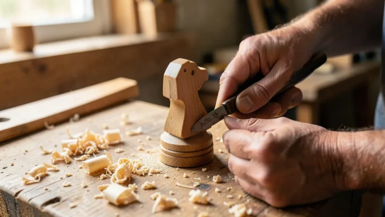 Woodworker hand-carving a wooden chess knight piece with a detail knife on a workbench