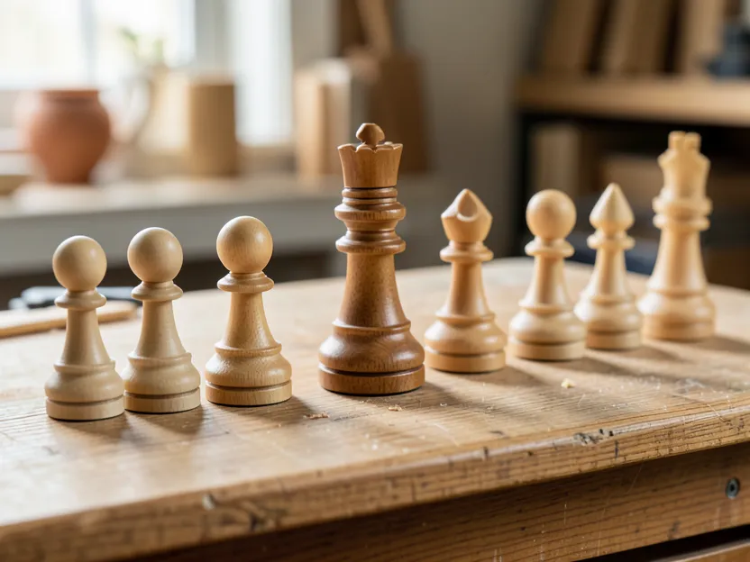 Set of hand-finished wooden chess pieces including pawns, bishops, king and queen on a workshop table
