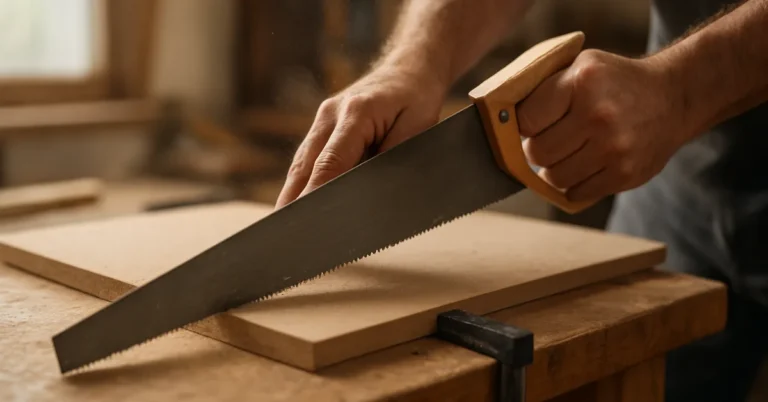 carpenter's hands using a fine-tooth hand saw to cut an MDF board clamped to a workbench