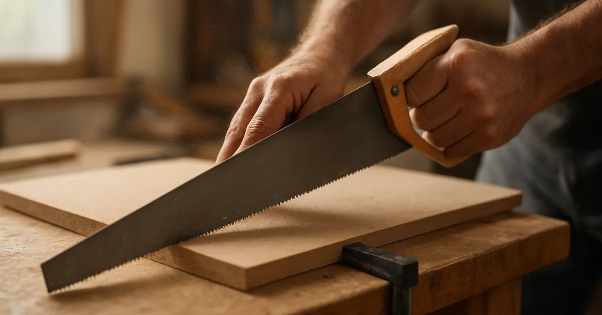 carpenter's hands using a fine-tooth hand saw to cut an MDF board clamped to a workbench
