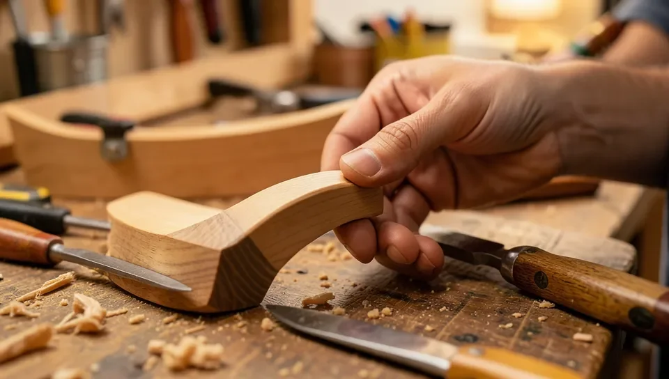 Woodworker hand-shaping a curved wooden chair arm joint