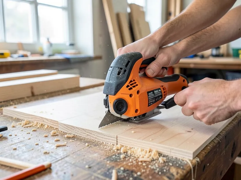 Hands guiding a compact handheld detail power saw through a curved cut in plywood