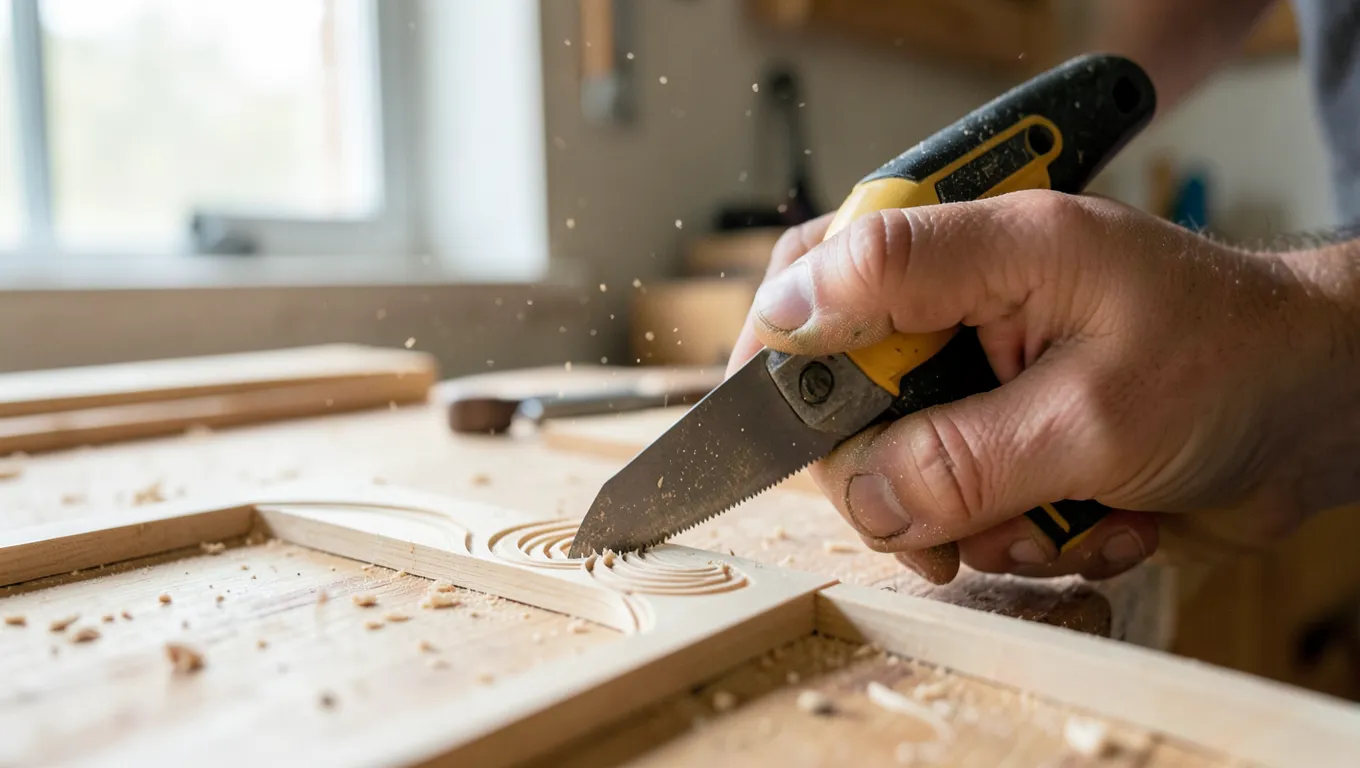 Close-up of a woodworker guiding a small handheld detail saw through a curved cut in wood