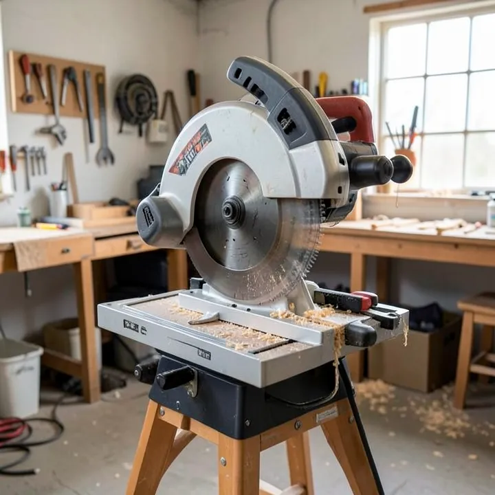 A compound miter saw set up on a stand in a garage workshop