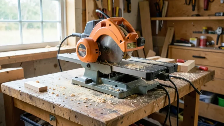 Benchtop table saw with orange blade guard on a workbench in a home garage workshop