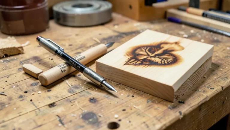 Wood burning pyrography pen with tips on a workbench next to a burned wood design