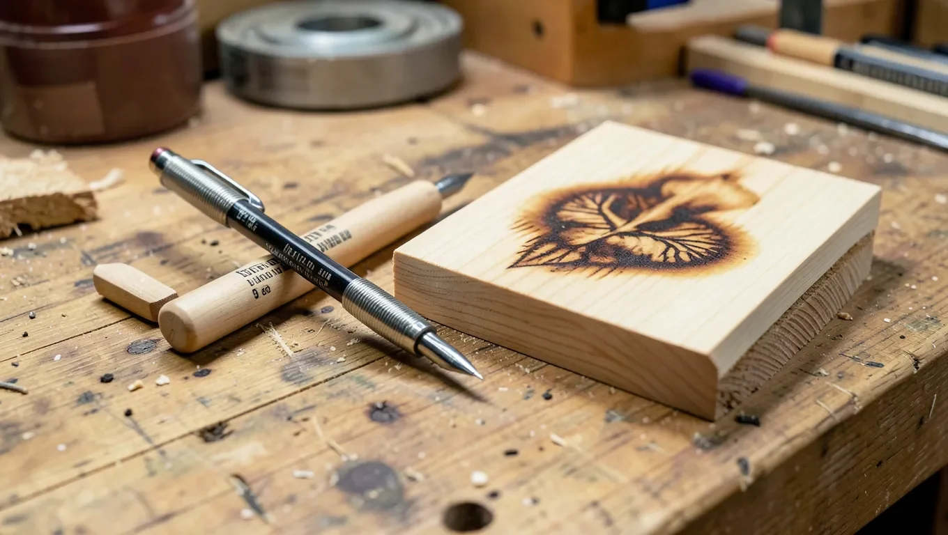 Wood burning pyrography pen with tips on a workbench next to a burned wood design