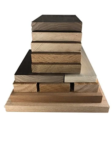Discount Lumber Outlet mixed hardwood lumber assortment box with walnut, oak, cherry, and maple boards
