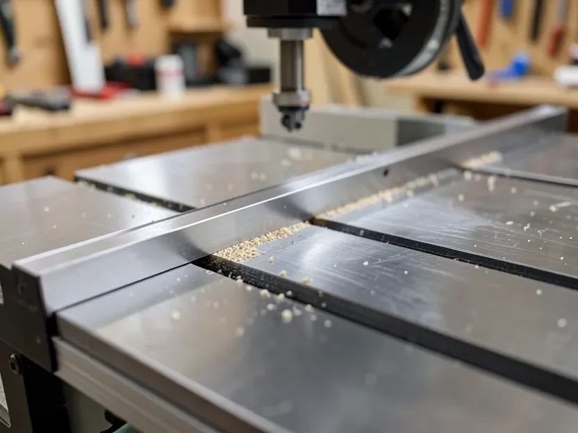 Close-up of a precision rip fence rail system on a cabinet table saw