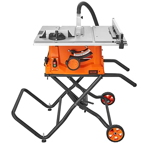 VEVOR Table Saw with Stand, 10-inch 15-Amp, 25-in Max Rip Capacity, Cutting Speed up to 5000RPM, 40T Blade, Portable Compact Jobsite Tablesaw with Sliding Miter Gauge for Woodworking & Furniture Makin