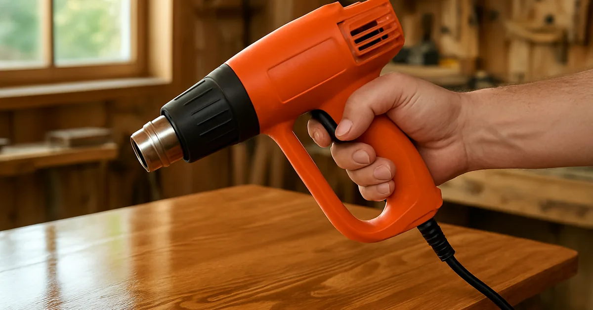 Hand holding an orange heat gun a few inches above a glossy polyurethane-finished wood tabletop Hand holding an orange heat gun a few inches above a glossy polyurethane-finished wood tabletop