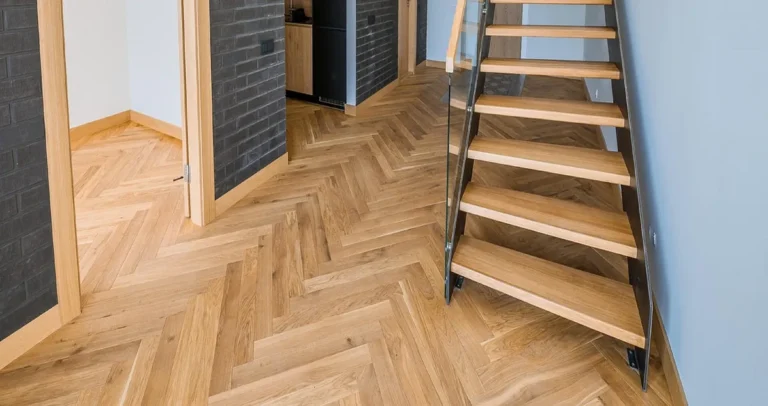 Finished herringbone hardwood floor in a hallway