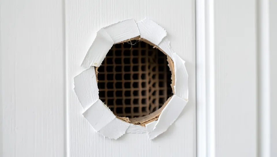 Close-up of a fist-sized hole in a white hollow-core door showing the honeycomb interior