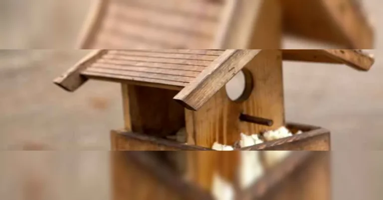 Homemade wooden bird feeder filled with birdseed, a popsicle stick bird feeder style build
