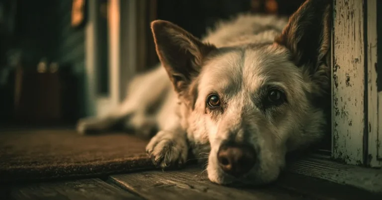 Dog resting on a hardwood floor near a clean entryway, illustrating pet hair and hard-floor care