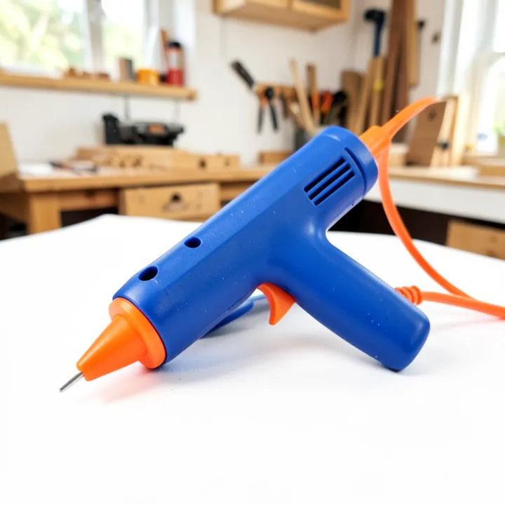 Blue hot glue gun with orange nozzle and cord on a white background Blue hot glue gun with orange nozzle and cord on a white background