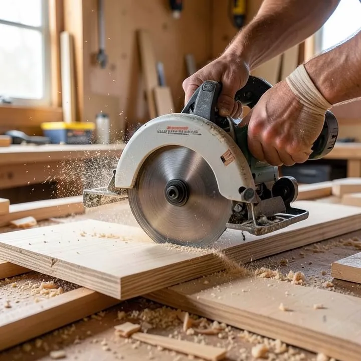 handheld circular saw cutting through a plywood board with sawdust flying off the blade